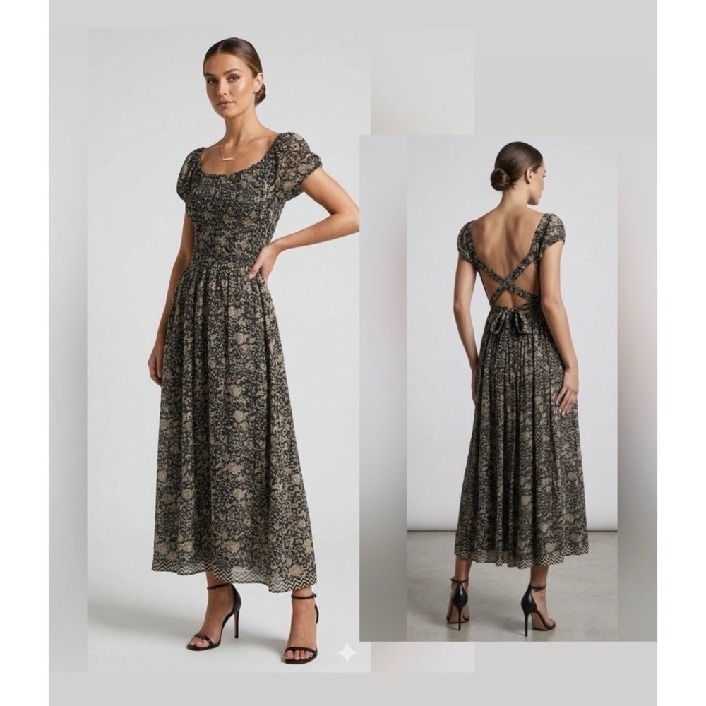 Free People XS Ultraviolet Maxi Dress Black Tan Floral Backless Cottage Prairie